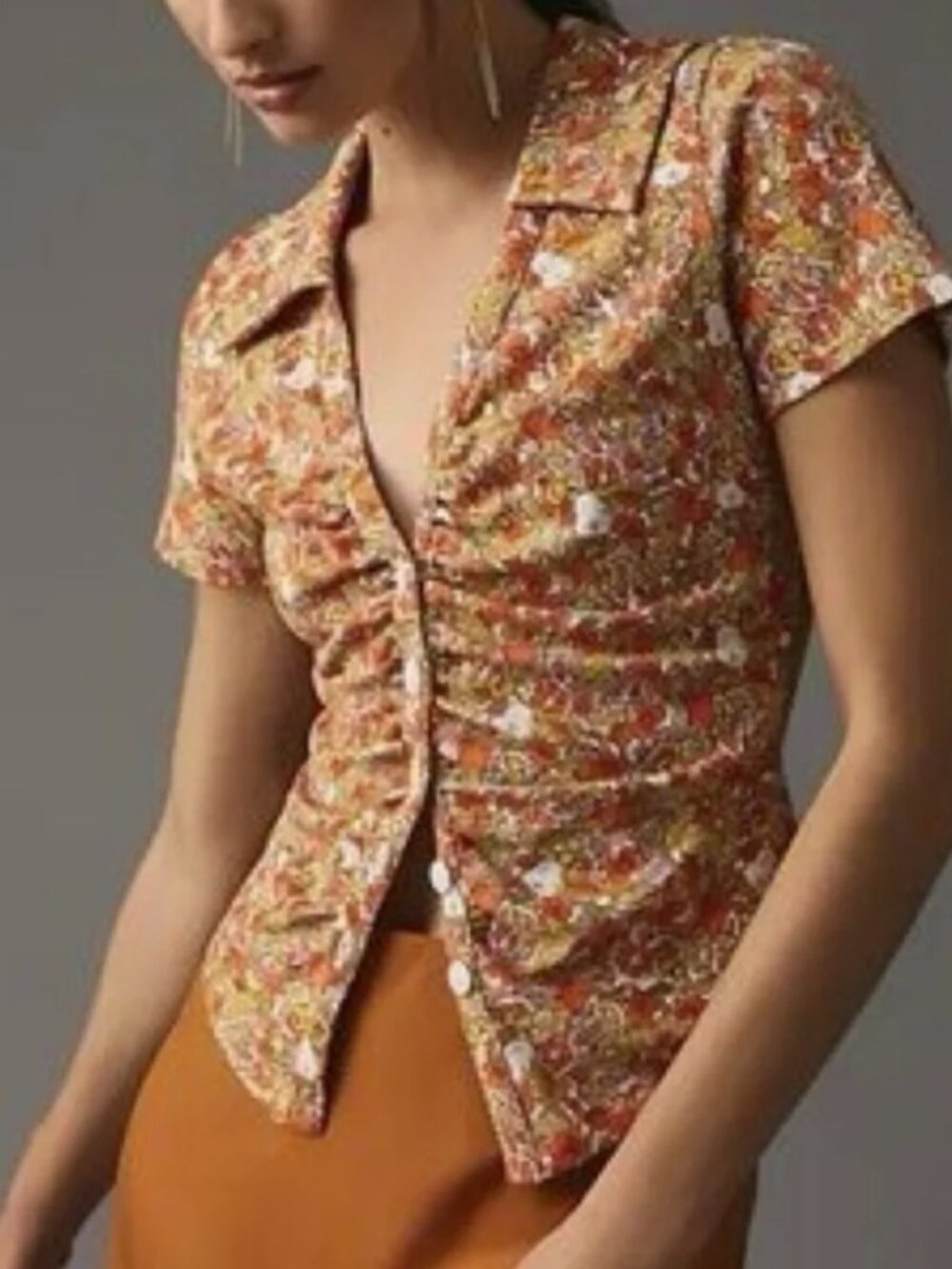 Maeve by Anthropologie Citrus‎ Fruit Printed Button Front Ruched Blouse Size XS